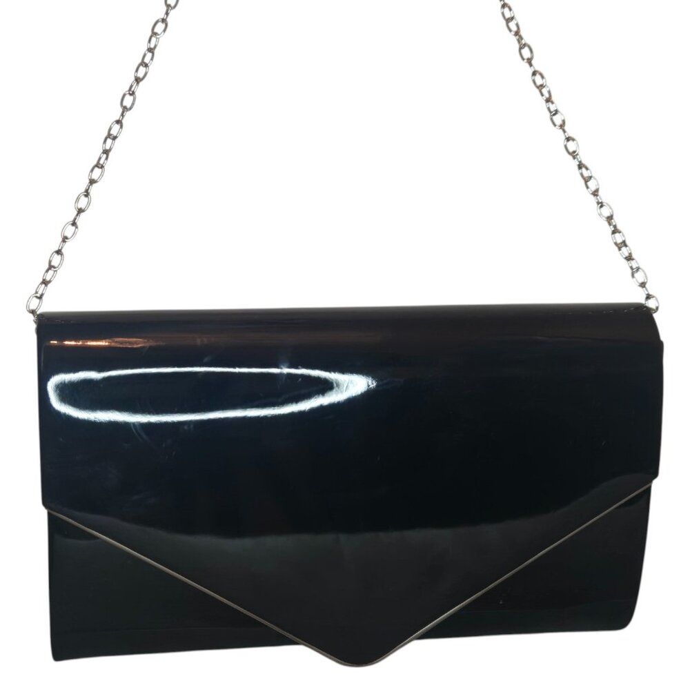 Le Château Black Glossy Envelope Clutch Purse with Chain Strap (Prom/Party)